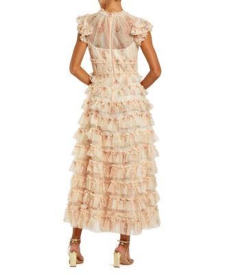  Printed Mesh Short Sleeve Micro Ruffle Midi Dress