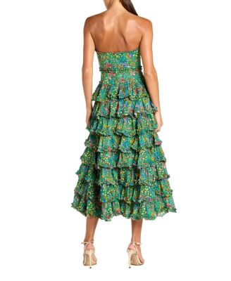  Floral Cotton Strapless Tiered Ruffle Midi Dress