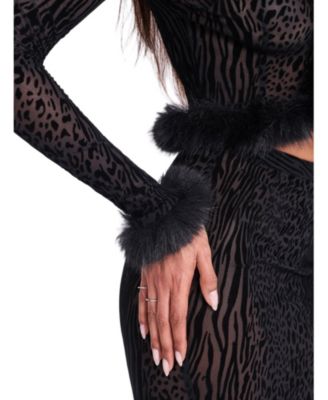  Hali Burnout Velvet Stretch Mesh Faux Fur Trim Top