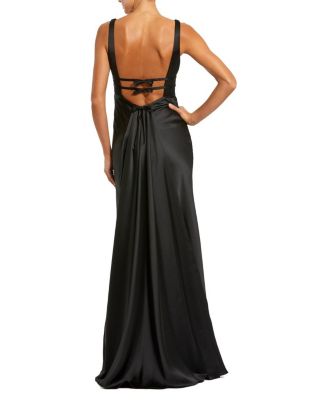  Sleeveless V Neck Satin Gown with Bow Details