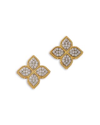 18K White & Yellow Gold Princess Flower Diamond Stud Earrings