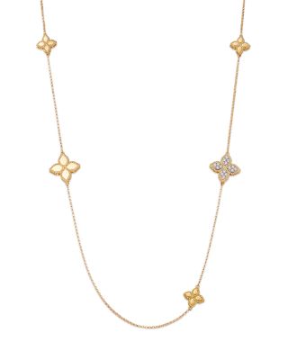 18K White & Yellow Gold Princess Flower  Diamond Long Station Necklace, 34"