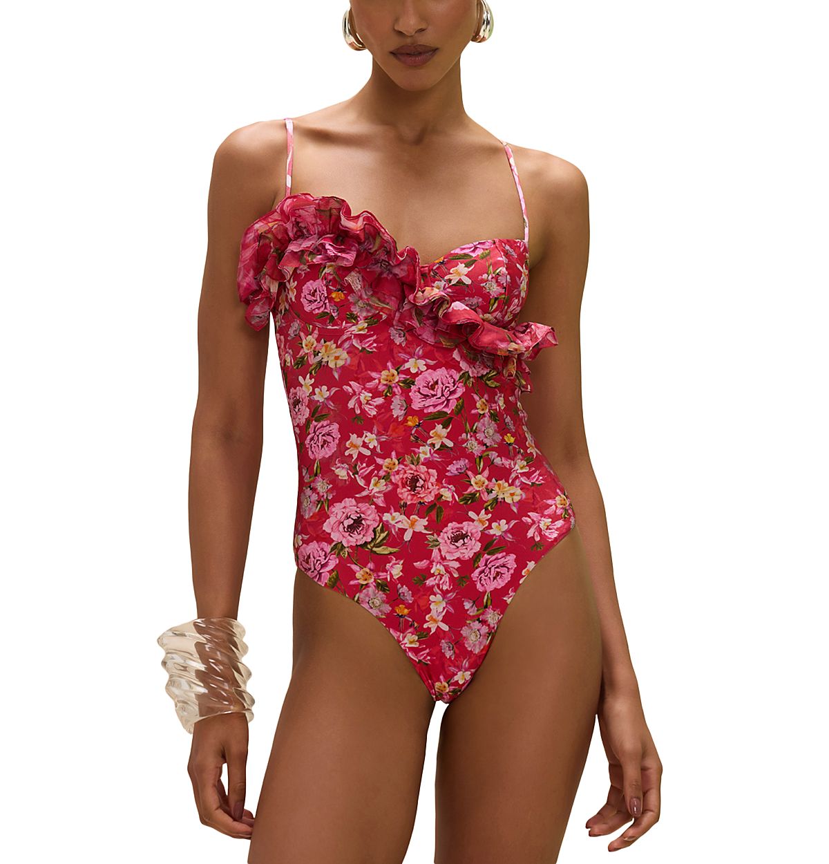 PatBO Peony Print Ruffle One Piece Swimsuit