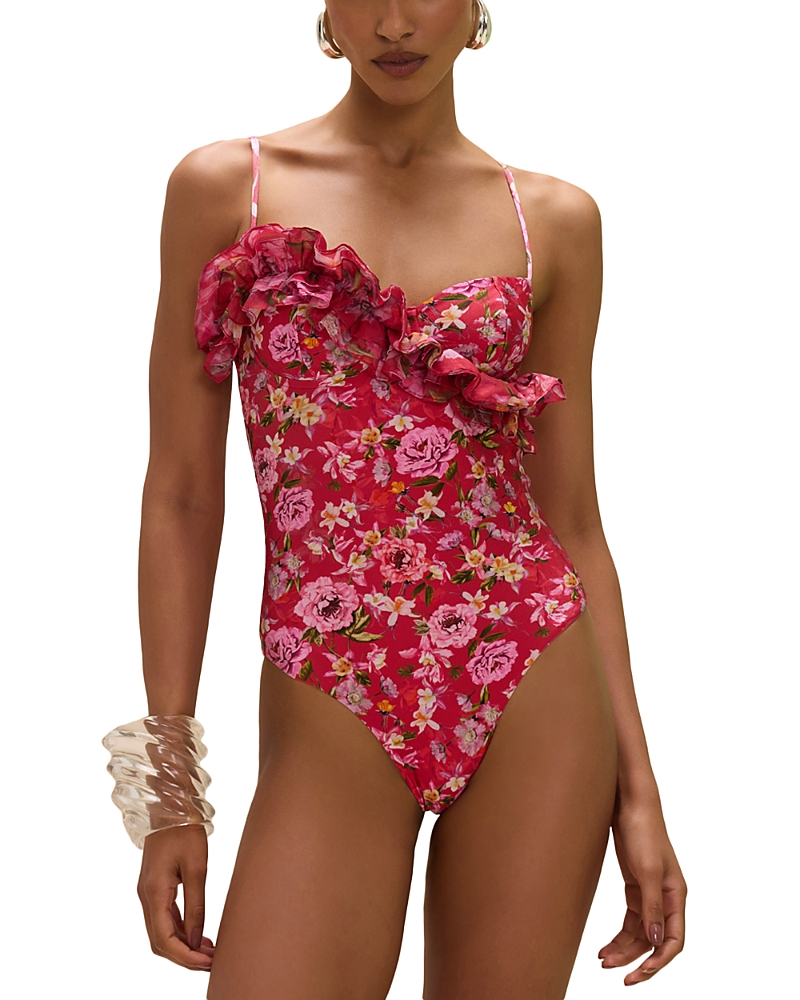 PatBO Peony Print Ruffle One Piece Swimsuit