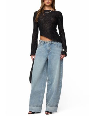 Mare Asymmetric Gem Sheer Lace Top