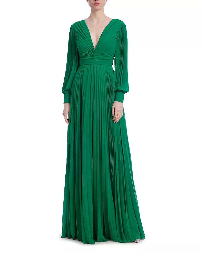Badgley Mischka Sunburst Pleated Long Sleeved Gown