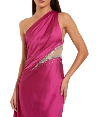  One Shoulder Charmeuse Gown with Beaded Cutout