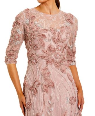  Petite 3/4 Sleeve High Neck Embroidered A Line Gown
