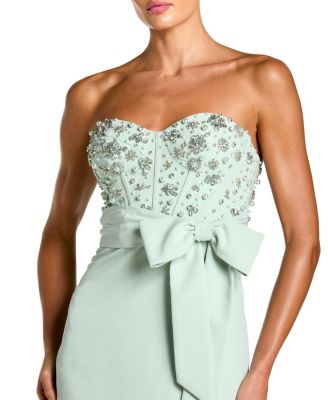  Crepe Embellished Bustier Strapless Gown with Bow