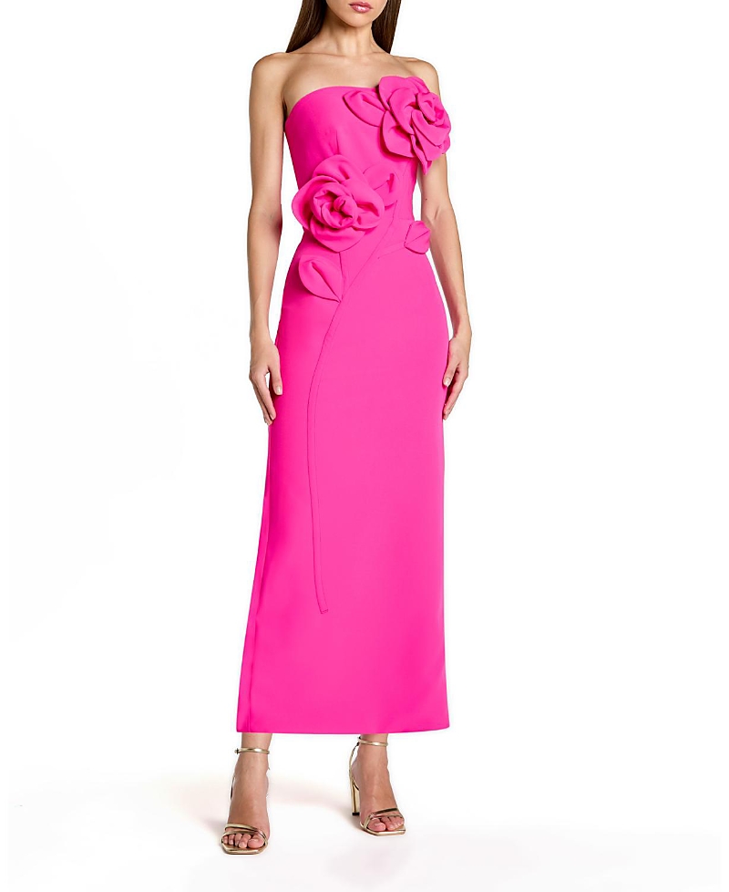 Mac Duggal Crepe Strapless Midi Dress with 3D Flower Detail