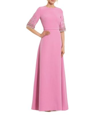  Crepe A Line Gown with Beaded 3/4 Sleeves