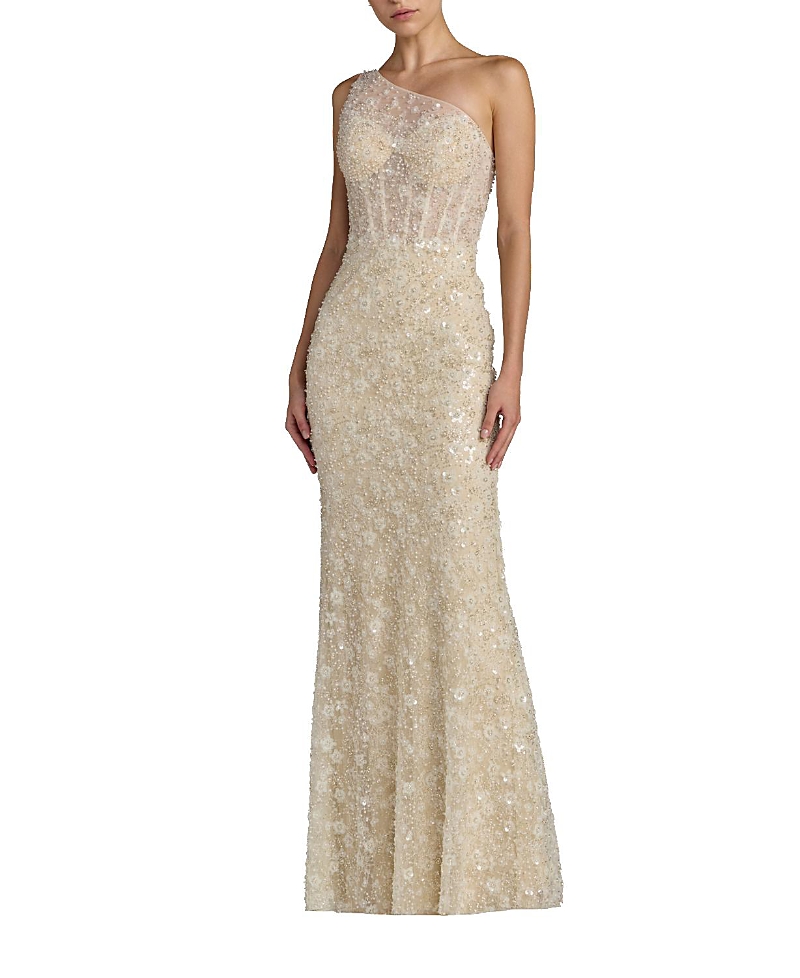 Mac Duggal Sequin Floral Sheer One Shoulder A Line Gown