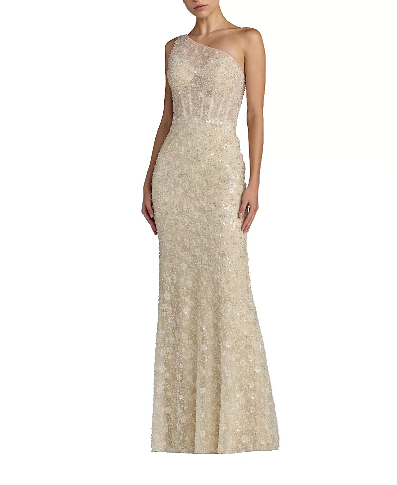 Mac Duggal Sequin Floral Sheer One Shoulder A Line Gown