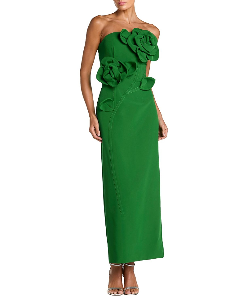 Mac Duggal Petite Crepe Strapless Midi Dress with 3D Flower Detail