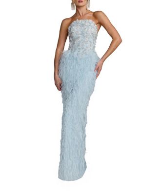  Embellished Strapless Feather Gown