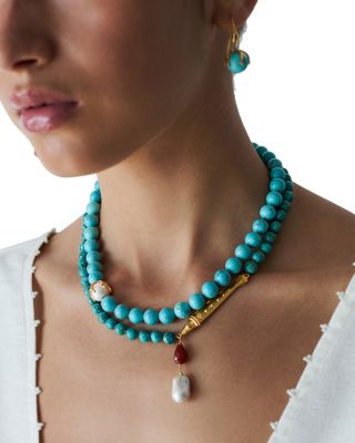 Gemstone & Fish Charm Turquoise Beaded Pendant Necklace, 16-18"