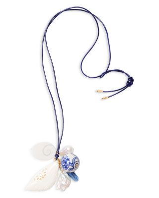 Porcelain Bead, Bone Butterfly & Gemstone Leather Pendant Necklace, 48"