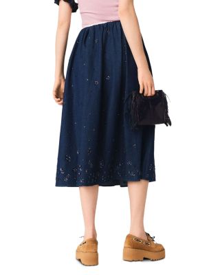 Embroidered Denim Midi Skirt