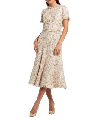  Petite Beige Boucle Short Sleeve A Line Midi Dress