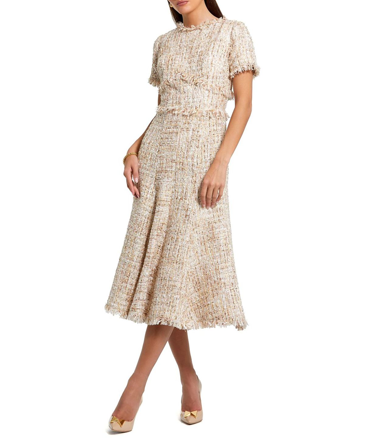 Mac Duggal Petite Beige Boucle Short Sleeve A Line Midi Dress