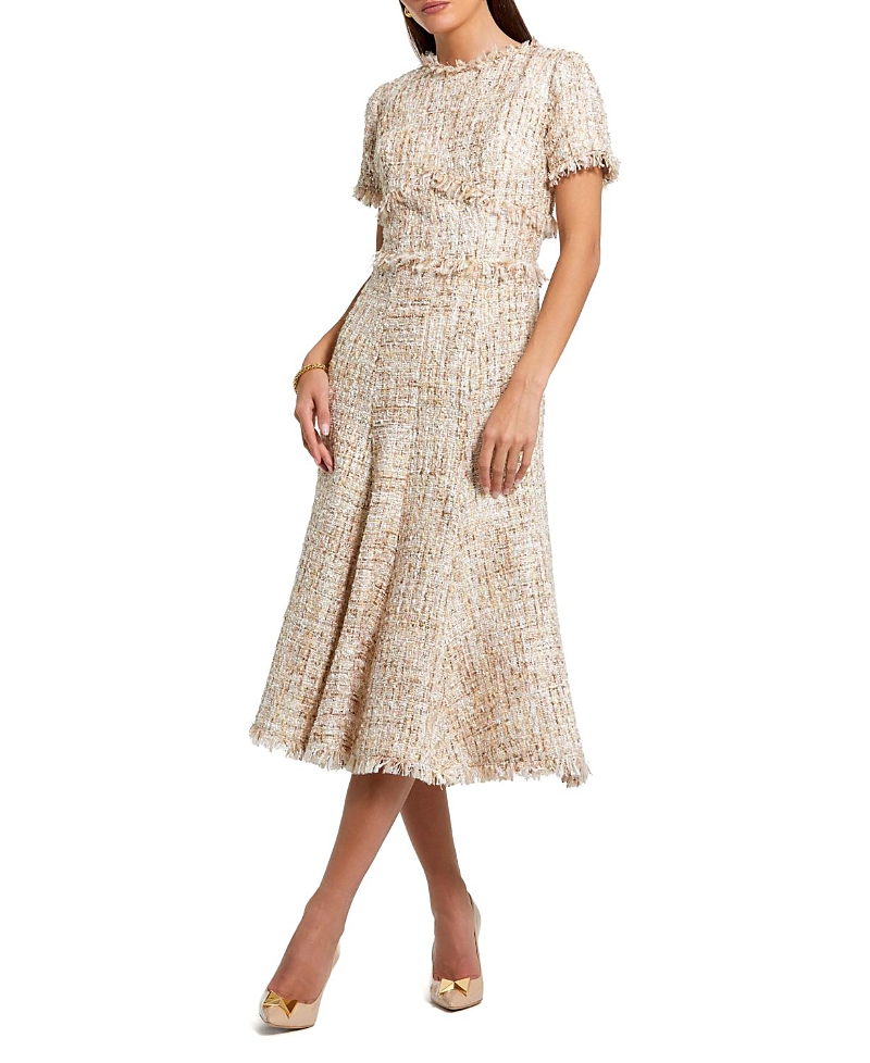 Mac Duggal Petite Beige Boucle Short Sleeve A Line Midi Dress