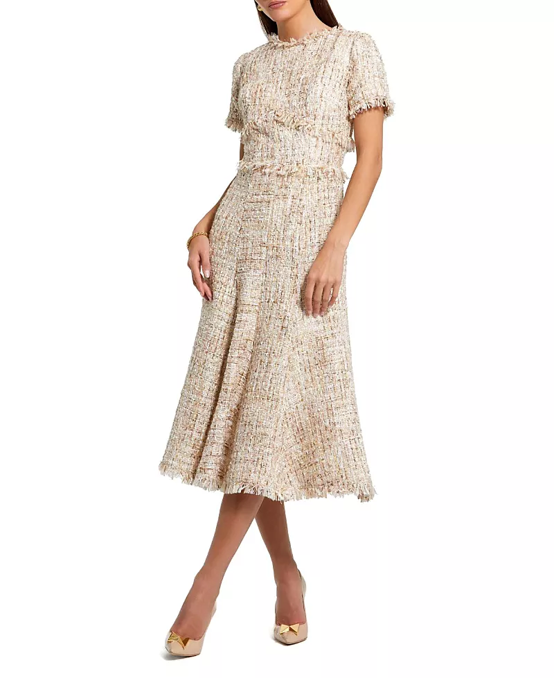 Mac Duggal Petite Beige Boucle Short Sleeve A Line Midi Dress