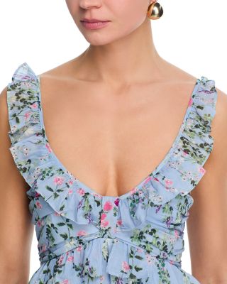 Flower Bouquet Ruffle V Neck Midi Dress - Exclusive