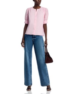 Embroidered Eyelet Button Down Blouse