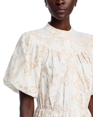 Short Puff Sleeve Button Down Printed Eyelet Midi Dress