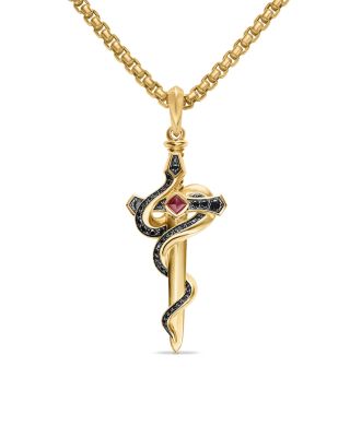 Men's Ouroboros Snake Amulet in 18K Yellow Gold with Ruby and Black Diamonds, 48mm