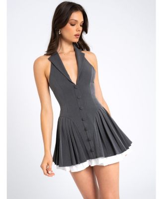  Hazel Preppy Halter Neck Pleated Mini Dress