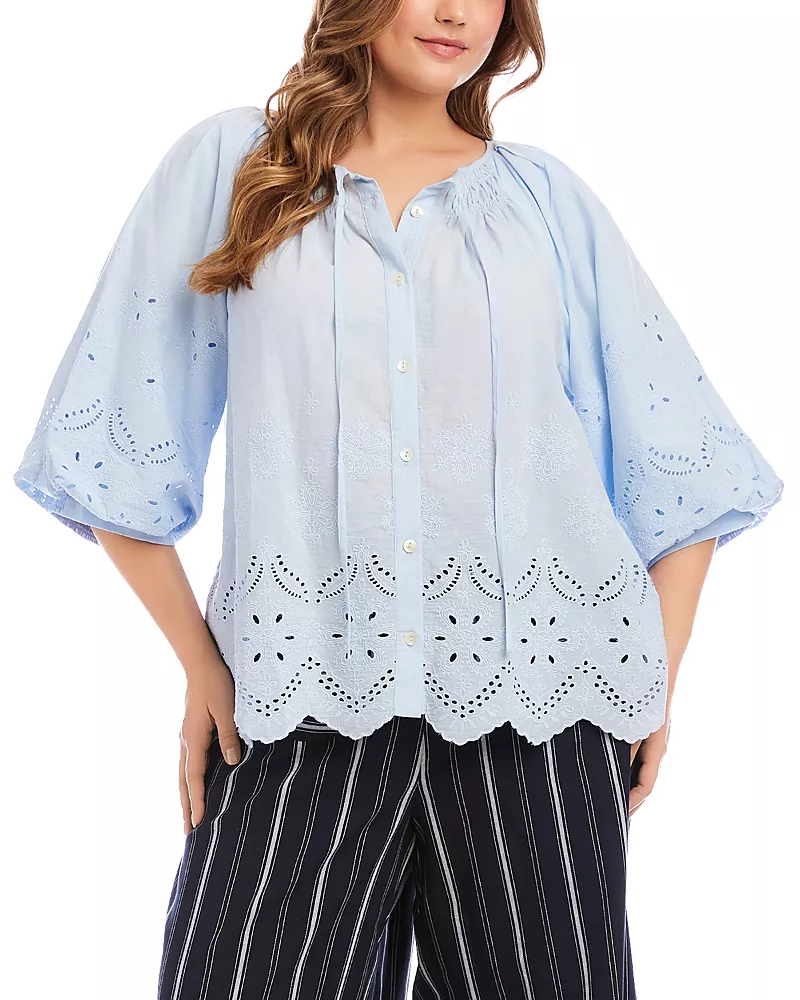 Karen Kane Plus Size Puff Sleeve Embroidered Top