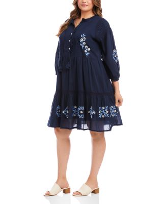 Plus Size Blouson Sleeve Embroidered Lace Trim Tiered Dress
