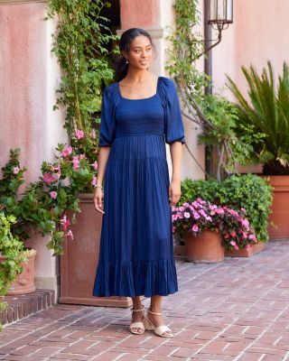 Blouson Sleeve Smocked Midi Dress	 