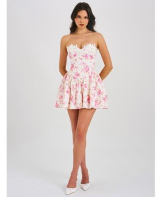  Samara Floral Drop Waist Linen Corset Puffy Mini Dress