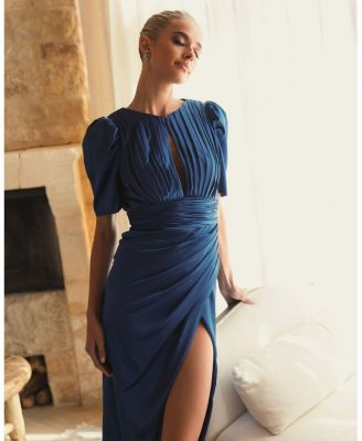 Puff Sleeve Pleated Bodice Draped Gown