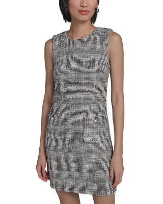 Flower Button Sleeveless Knit Tweed Sheath Dress