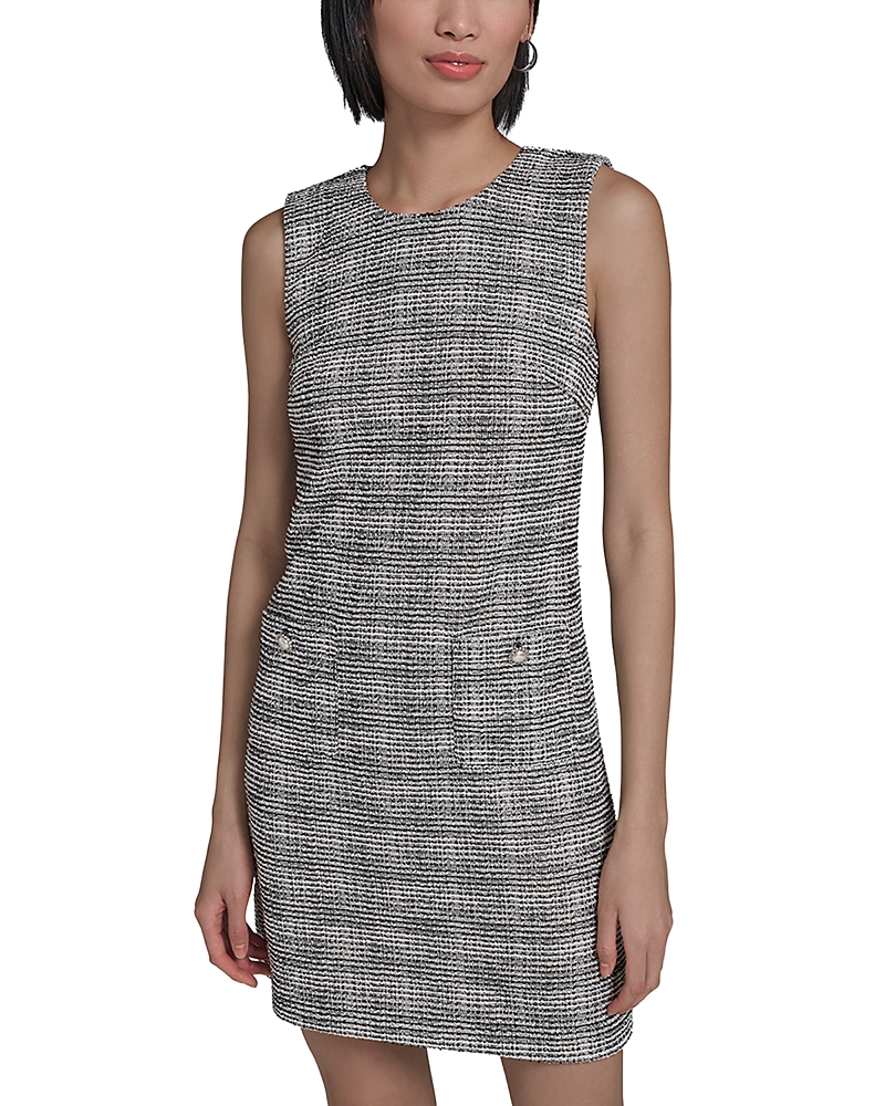 Karl Lagerfeld Paris Flower Button Sleeveless Knit Tweed Sheath Dress