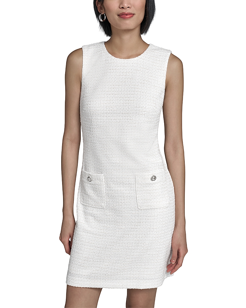 Karl Lagerfeld Paris Flower Button Sleeveless Knit Tweed Sheath Dress