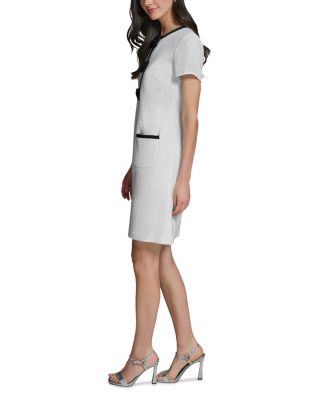 Contrast Framing Bow Short Sleeve Summer Tweed Shift Dress