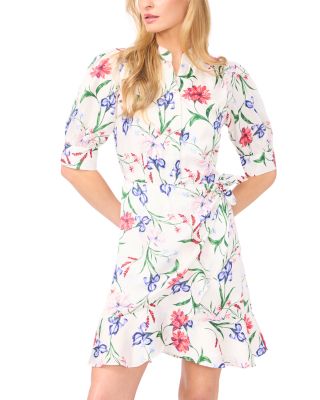 Open Collar Short Sleeve Ruffle Wrap Dress
