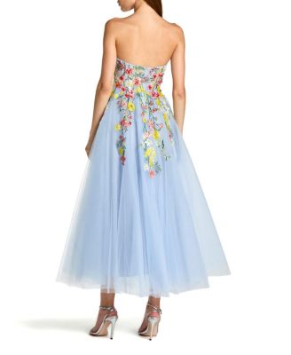 Strapless Floral Embroidered A-Line Midi Dress