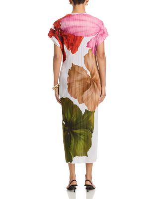 Pleated Leaf Print Dress