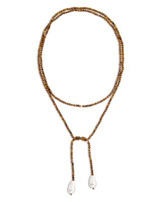 Imitation Pearl Lapis Lazuli Beaded Wrap Necklace, 50"