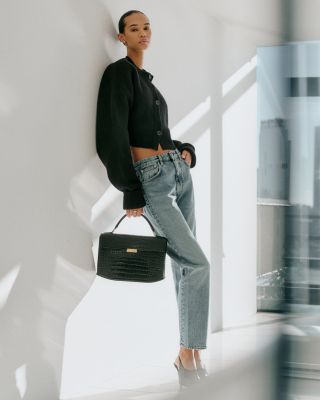 Black Croco Embossed Leather Box Bag