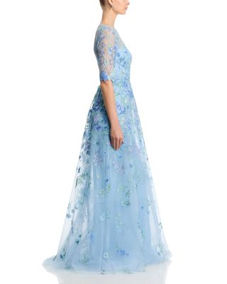 Embroidered Tulle Elbow Sleeve Gown