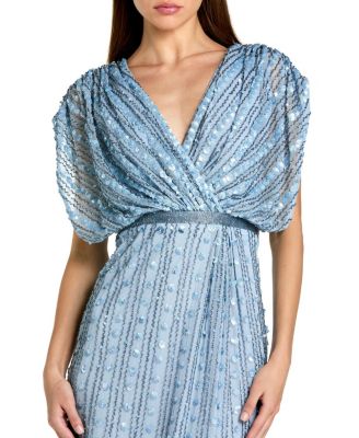  Beaded Mesh Blouson V Neck Column Gown