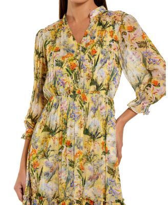 Floral V-Neck Ruffle Midi Dress with 3/4 Sleeves