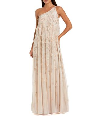  Floral Embellished Mesh One Shoulder Kaftan Gown