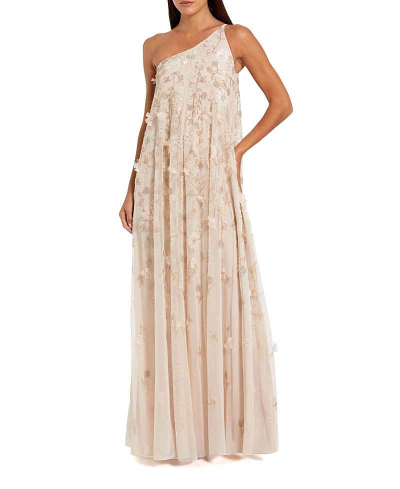 Mac Duggal Floral Embellished Mesh One Shoulder Kaftan Gown